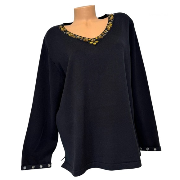 Quacker Factory Women's Size XL Embellished V-Neck Knit Top‎ Rhinestone Black - Picture 1 of 7